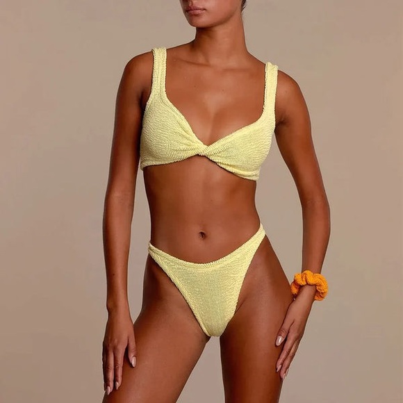 NWT Hunza G Juno Bikini Set Yellow Twist Front Crinkle NEW Swimsuit Summer - Picture 1 of 14